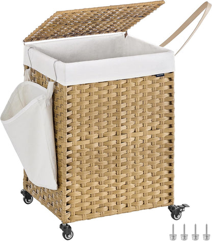 SONGMICS Rolling Laundry Hamper with Lid, 160 L 3-Section Synthetic Rattan