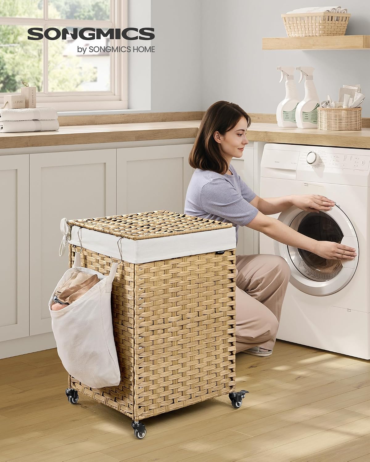 SONGMICS Rolling Laundry Hamper with Lid, 160 L 3-Section Synthetic Rattan