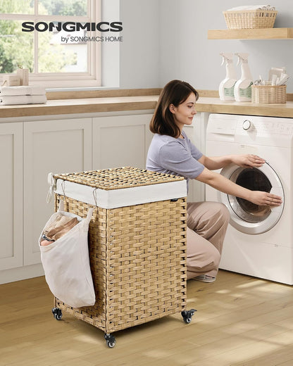 SONGMICS Rolling Laundry Hamper with Lid, 160 L 3-Section Synthetic Rattan