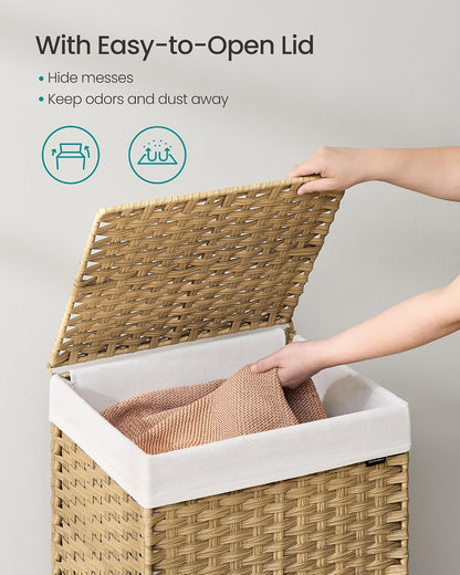 SONGMICS Rolling Laundry Hamper with Lid, 160 L 3-Section Synthetic Rattan