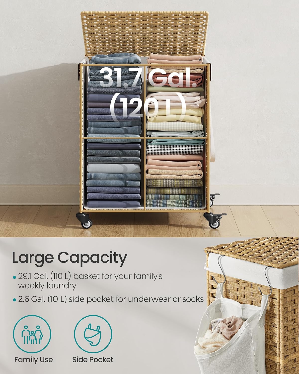 SONGMICS Rolling Laundry Hamper with Lid, 160 L 3-Section Synthetic Rattan