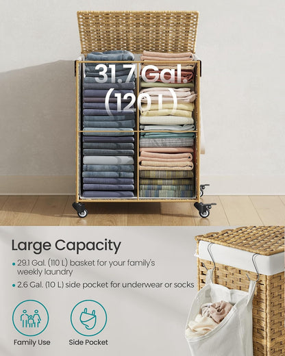 SONGMICS Rolling Laundry Hamper with Lid, 160 L 3-Section Synthetic Rattan