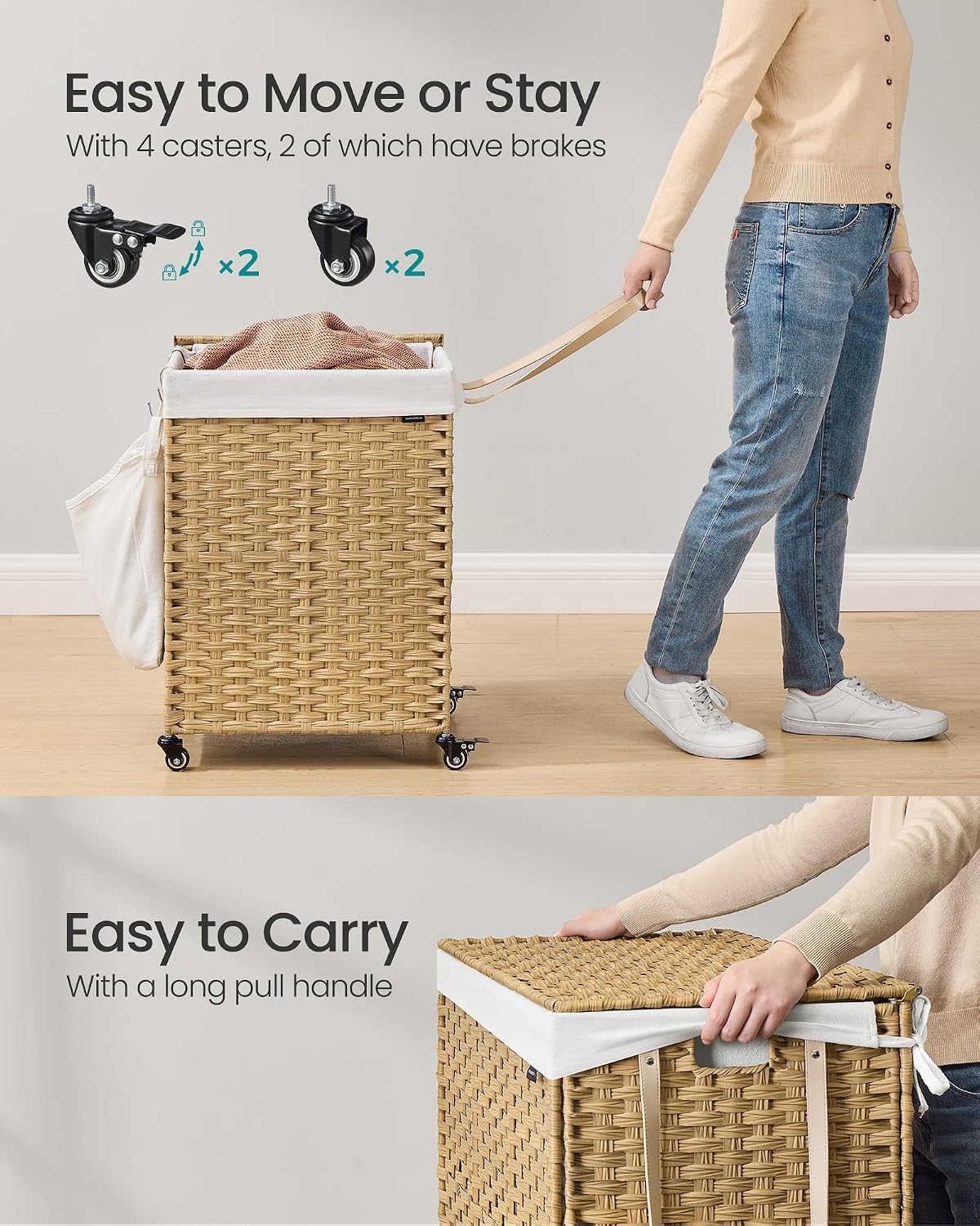 SONGMICS Rolling Laundry Hamper with Lid, 160 L 3-Section Synthetic Rattan