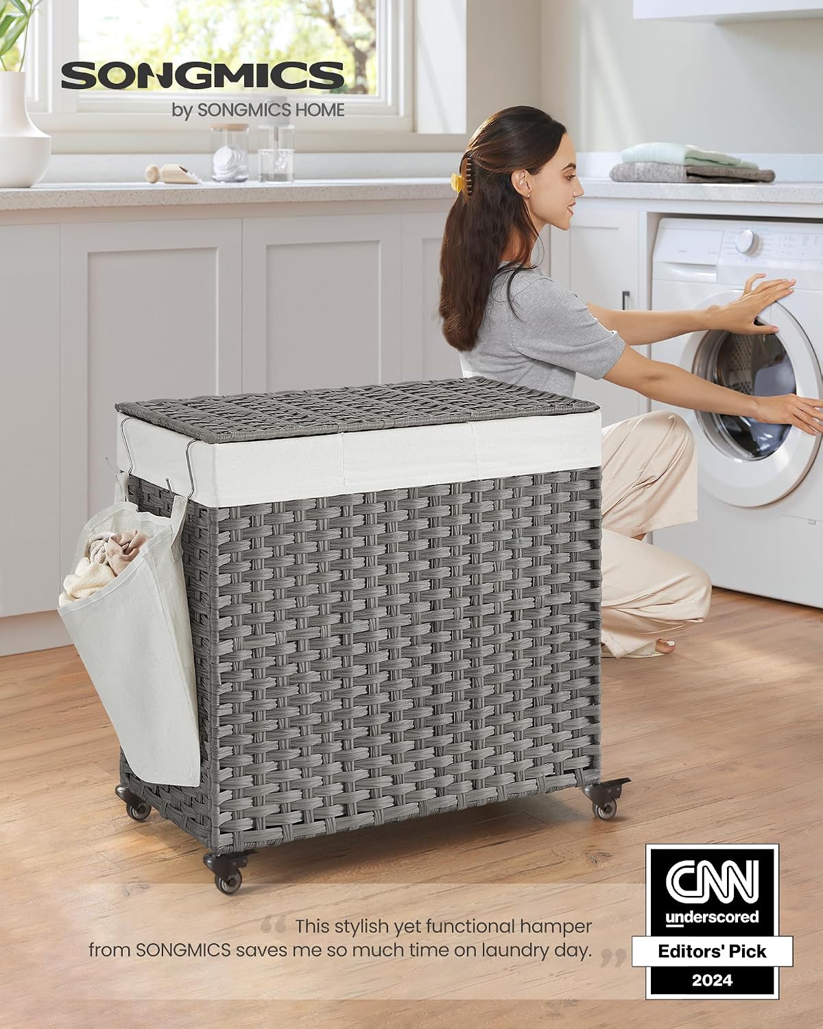 SONGMICS Rolling Laundry Hamper with Lid, 160 L 3-Section Synthetic Rattan