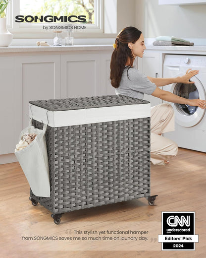 SONGMICS Rolling Laundry Hamper with Lid, 160 L 3-Section Synthetic Rattan