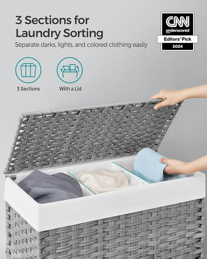 SONGMICS Rolling Laundry Hamper with Lid, 160 L 3-Section Synthetic Rattan
