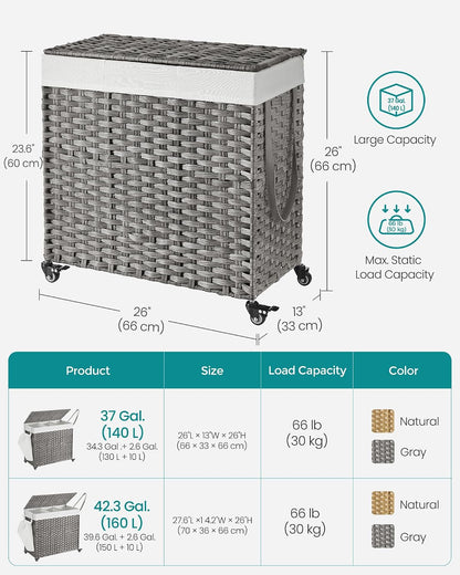 SONGMICS Rolling Laundry Hamper with Lid, 160 L 3-Section Synthetic Rattan