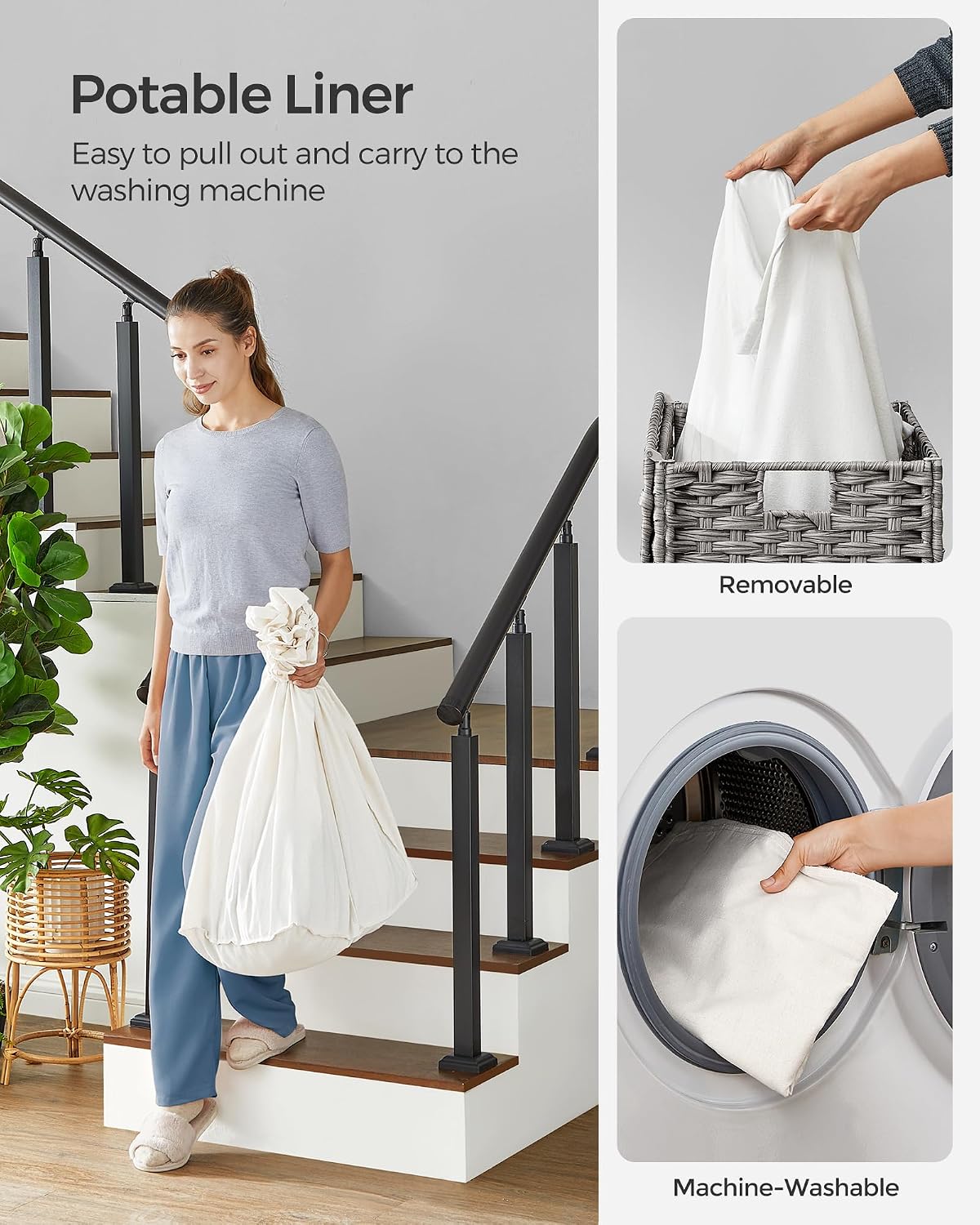 SONGMICS Rolling Laundry Hamper with Lid, 160 L 3-Section Synthetic Rattan