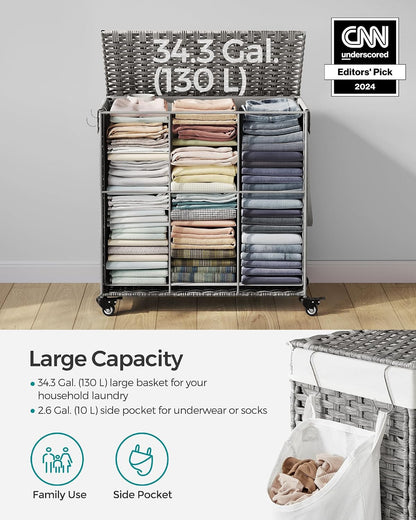 SONGMICS Rolling Laundry Hamper with Lid, 160 L 3-Section Synthetic Rattan