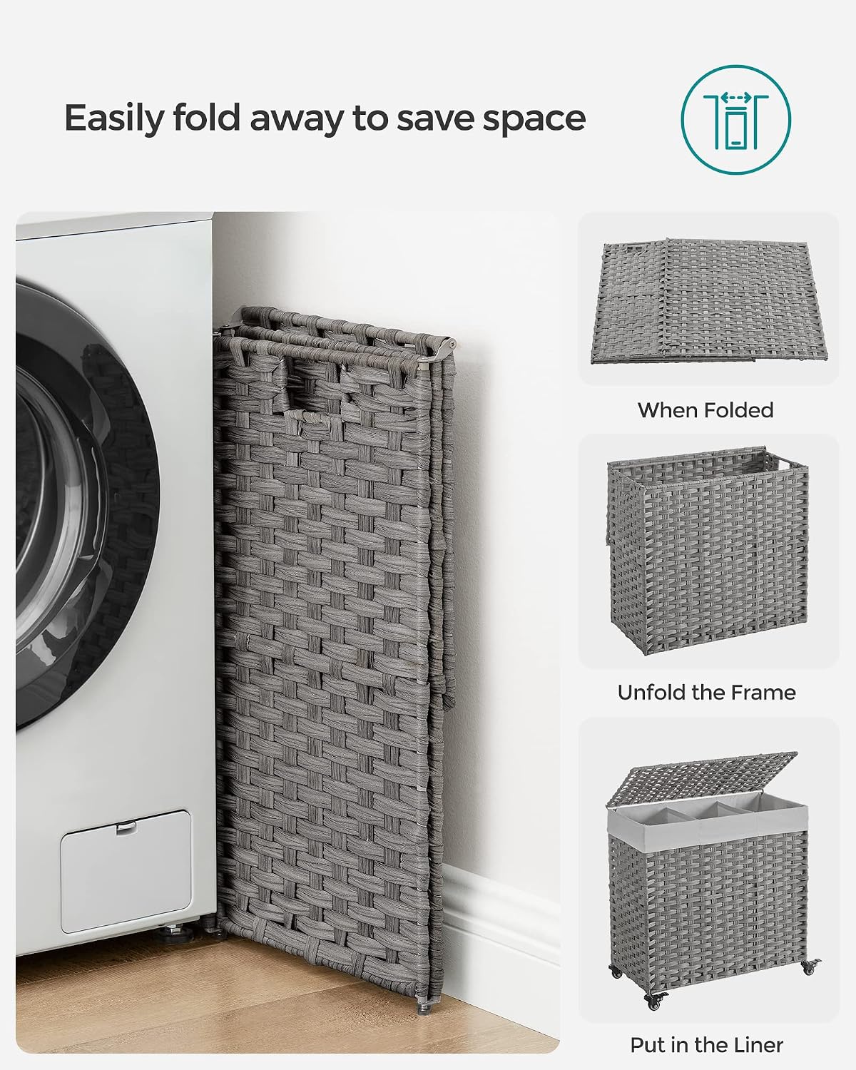 SONGMICS Rolling Laundry Hamper with Lid, 160 L 3-Section Synthetic Rattan