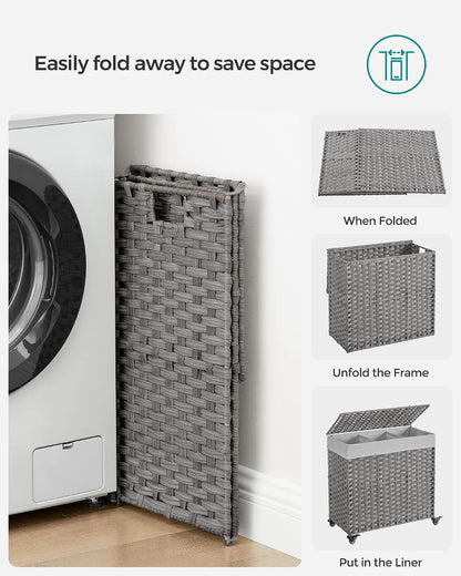 SONGMICS Rolling Laundry Hamper with Lid, 160 L 3-Section Synthetic Rattan