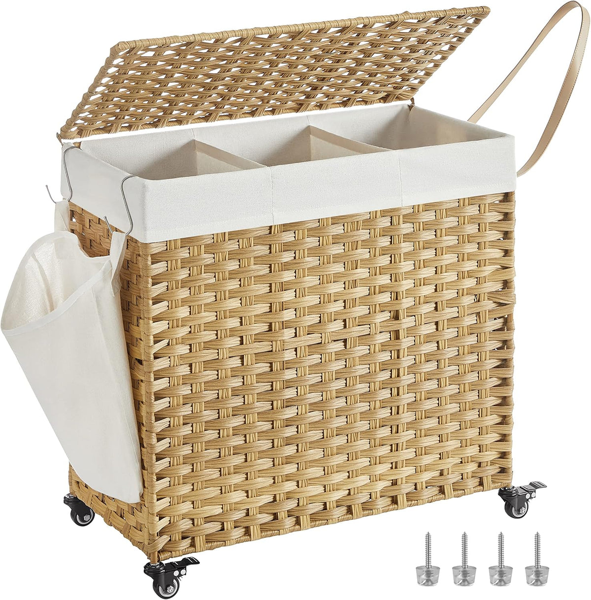 SONGMICS Rolling Laundry Hamper with Lid, 160 L 3-Section Synthetic Rattan