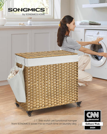 SONGMICS Rolling Laundry Hamper with Lid, 160 L 3-Section Synthetic Rattan