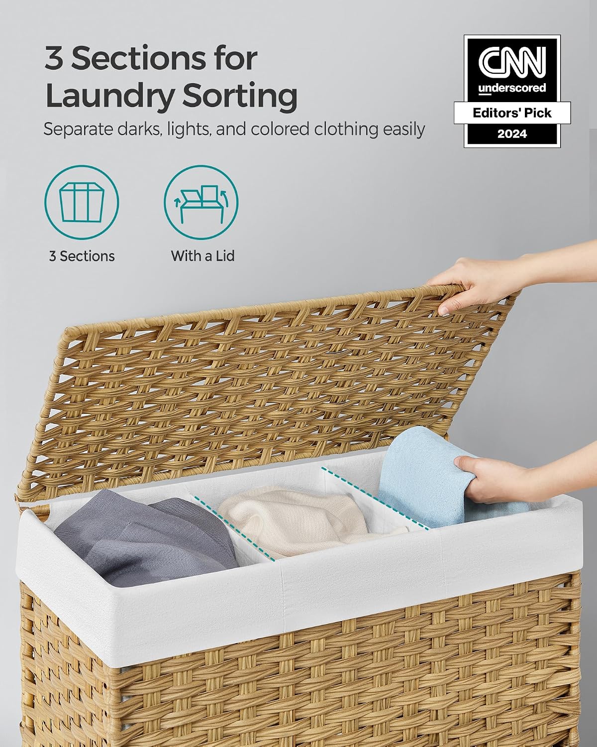 SONGMICS Rolling Laundry Hamper with Lid, 160 L 3-Section Synthetic Rattan