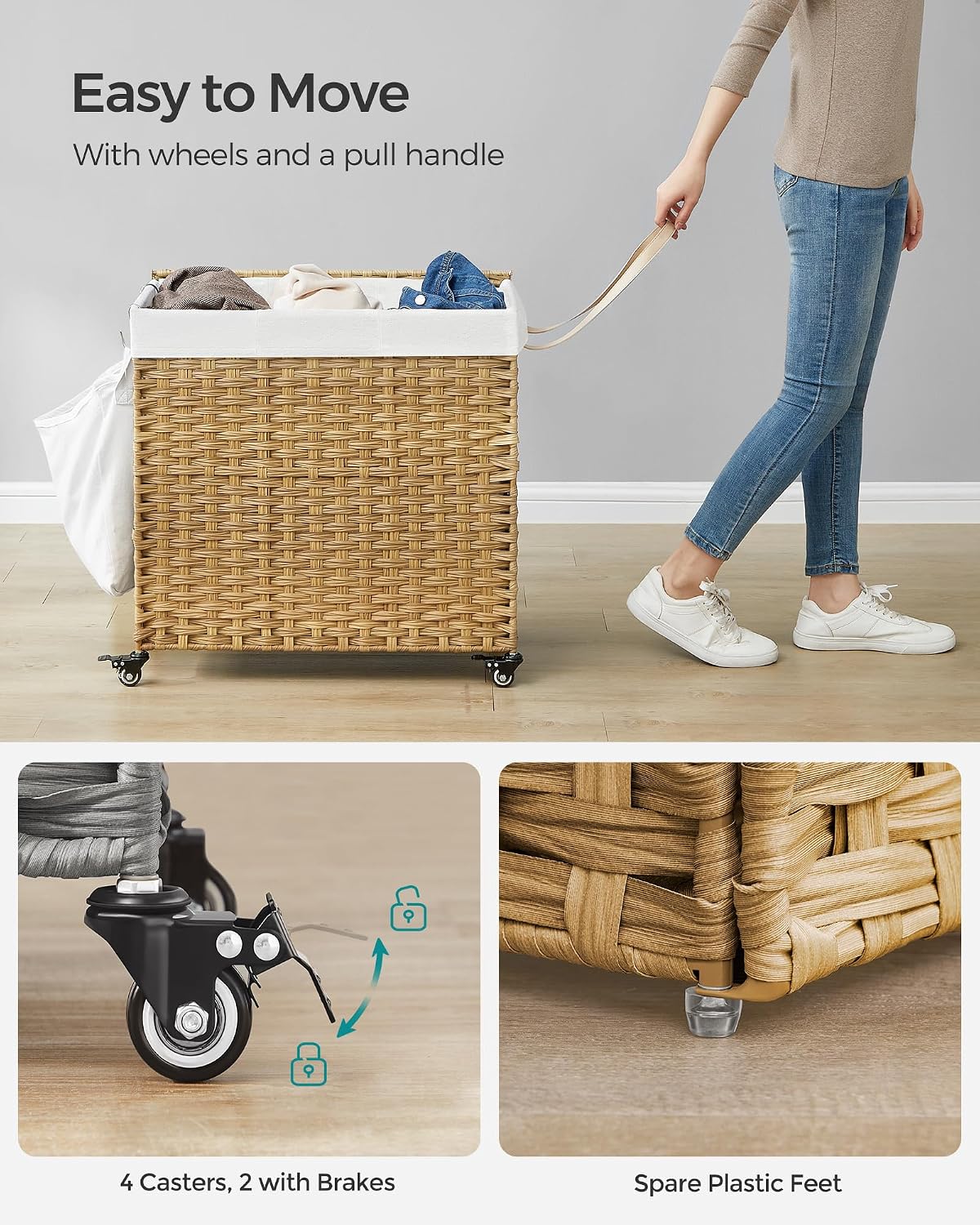 SONGMICS Rolling Laundry Hamper with Lid, 160 L 3-Section Synthetic Rattan