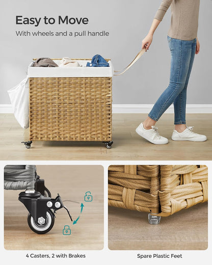 SONGMICS Rolling Laundry Hamper with Lid, 160 L 3-Section Synthetic Rattan