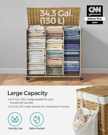 SONGMICS Rolling Laundry Hamper with Lid, 160 L 3-Section Synthetic Rattan