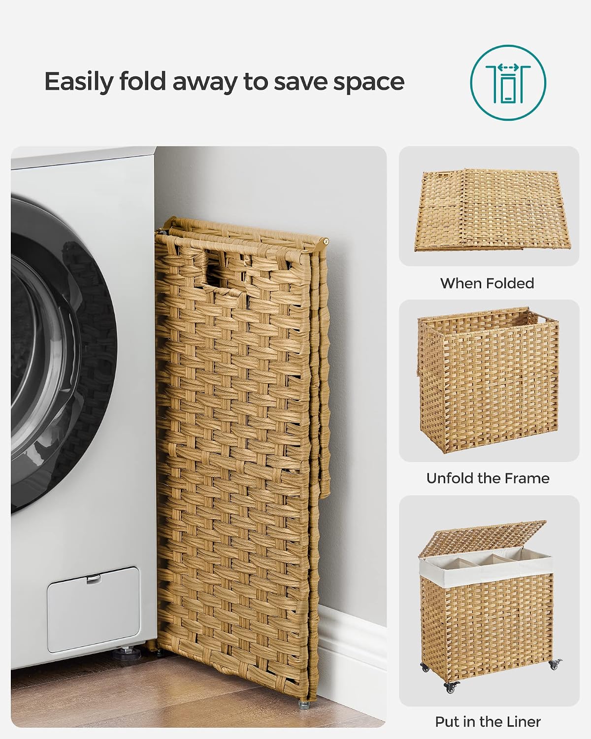 SONGMICS Rolling Laundry Hamper with Lid, 160 L 3-Section Synthetic Rattan