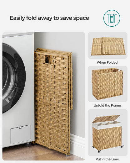 SONGMICS Rolling Laundry Hamper with Lid, 160 L 3-Section Synthetic Rattan