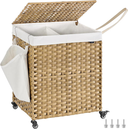 SONGMICS Rolling Laundry Hamper with Lid, 160 L 3-Section Synthetic Rattan