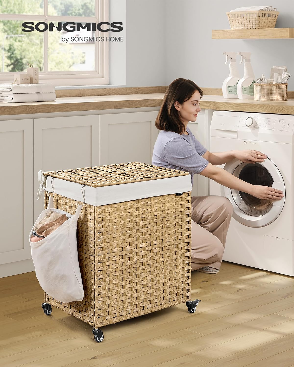 SONGMICS Rolling Laundry Hamper with Lid, 160 L 3-Section Synthetic Rattan