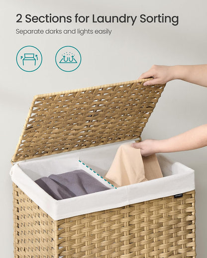 SONGMICS Rolling Laundry Hamper with Lid, 160 L 3-Section Synthetic Rattan