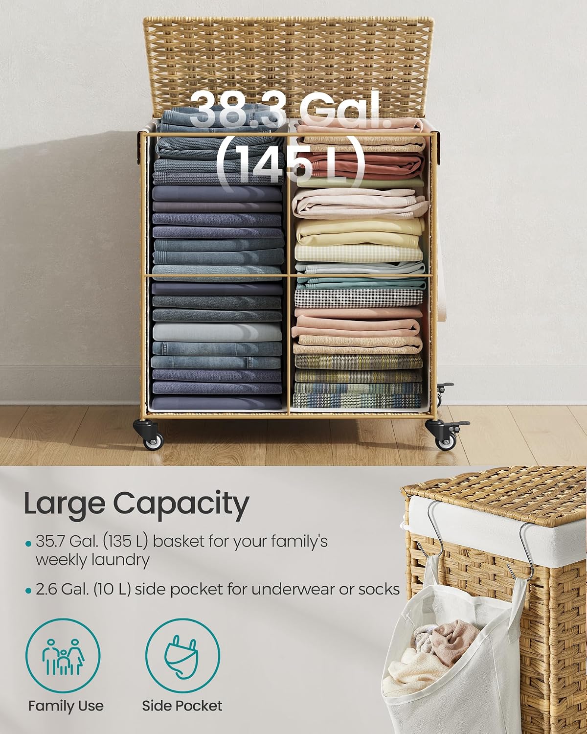 SONGMICS Rolling Laundry Hamper with Lid, 160 L 3-Section Synthetic Rattan