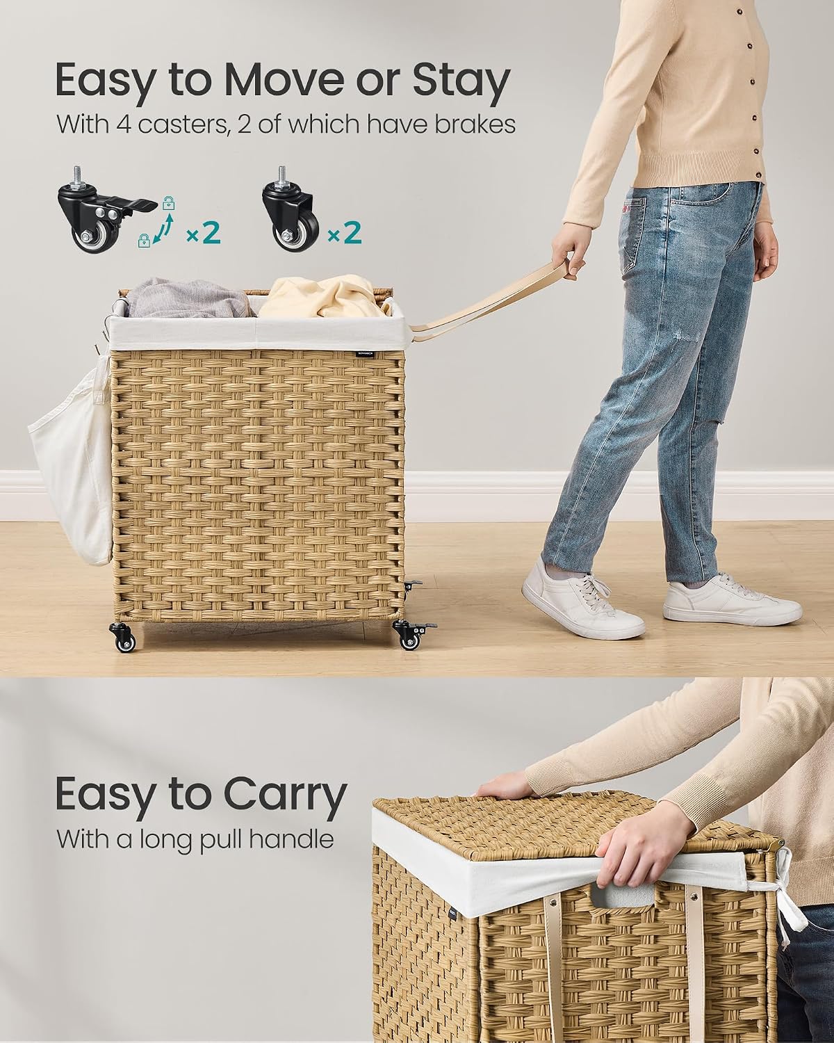 SONGMICS Rolling Laundry Hamper with Lid, 160 L 3-Section Synthetic Rattan