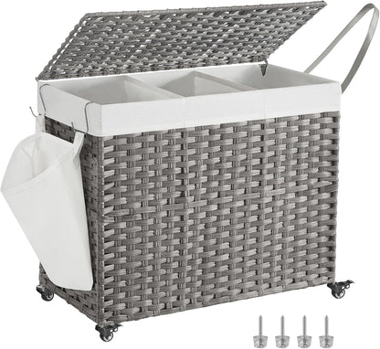 SONGMICS Rolling Laundry Hamper with Lid, 160 L 3-Section Synthetic Rattan