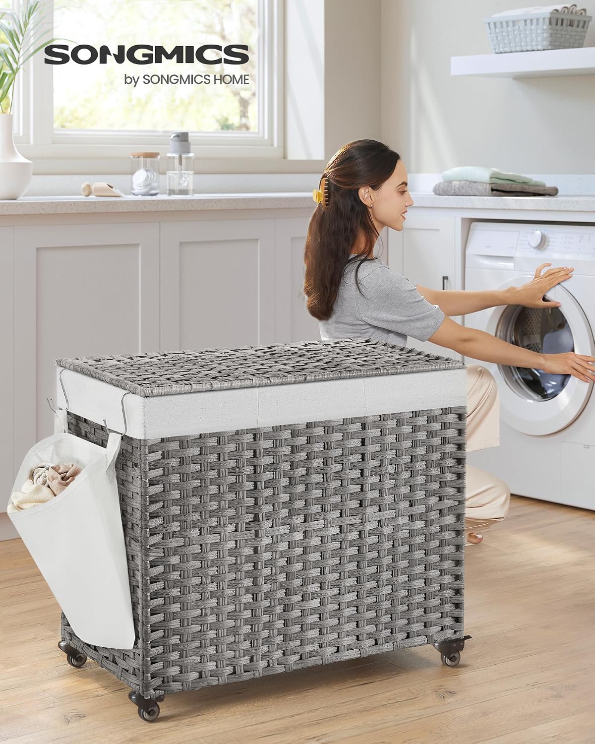 SONGMICS Rolling Laundry Hamper with Lid, 160 L 3-Section Synthetic Rattan