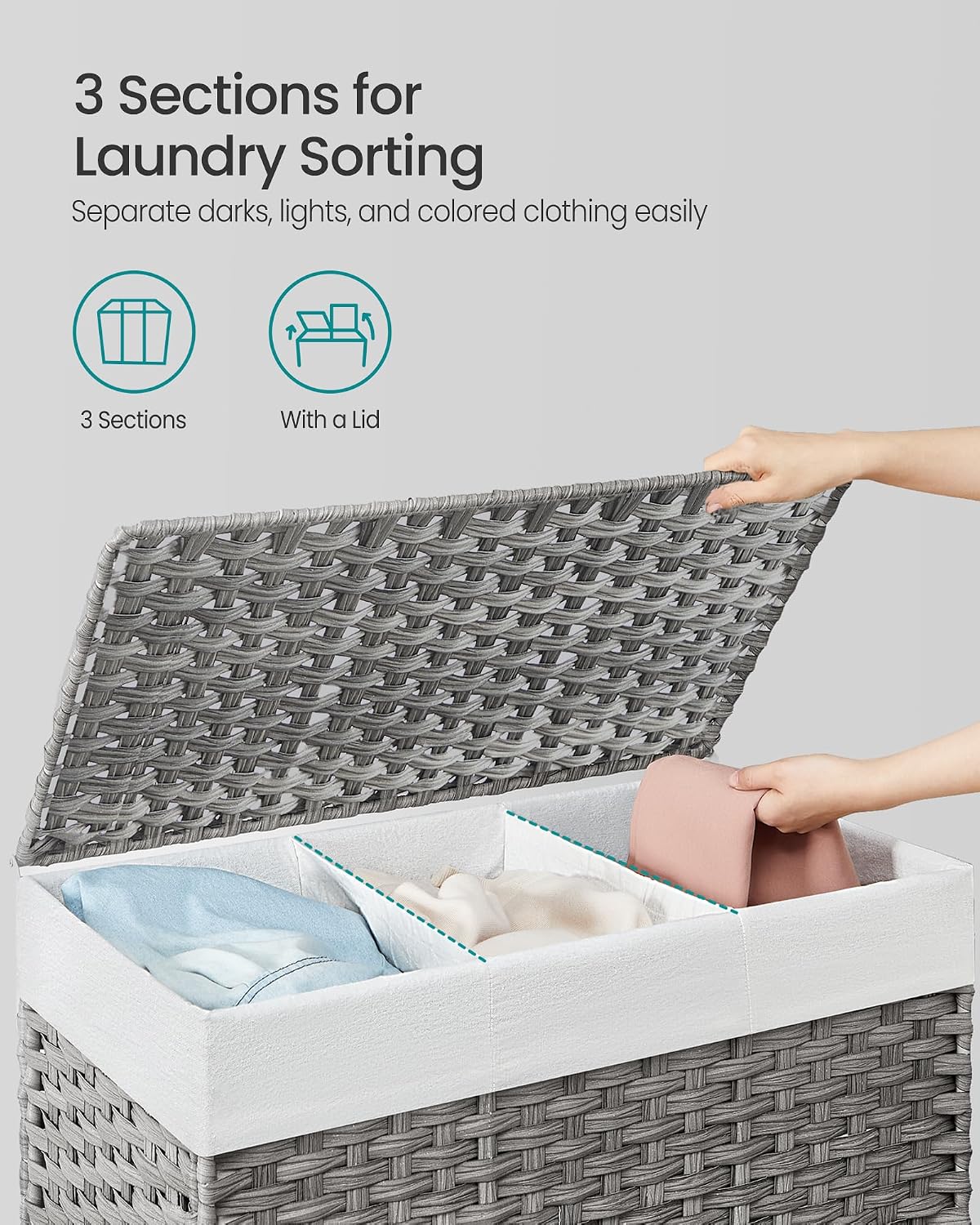 SONGMICS Rolling Laundry Hamper with Lid, 160 L 3-Section Synthetic Rattan