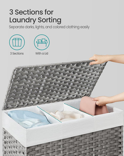 SONGMICS Rolling Laundry Hamper with Lid, 160 L 3-Section Synthetic Rattan