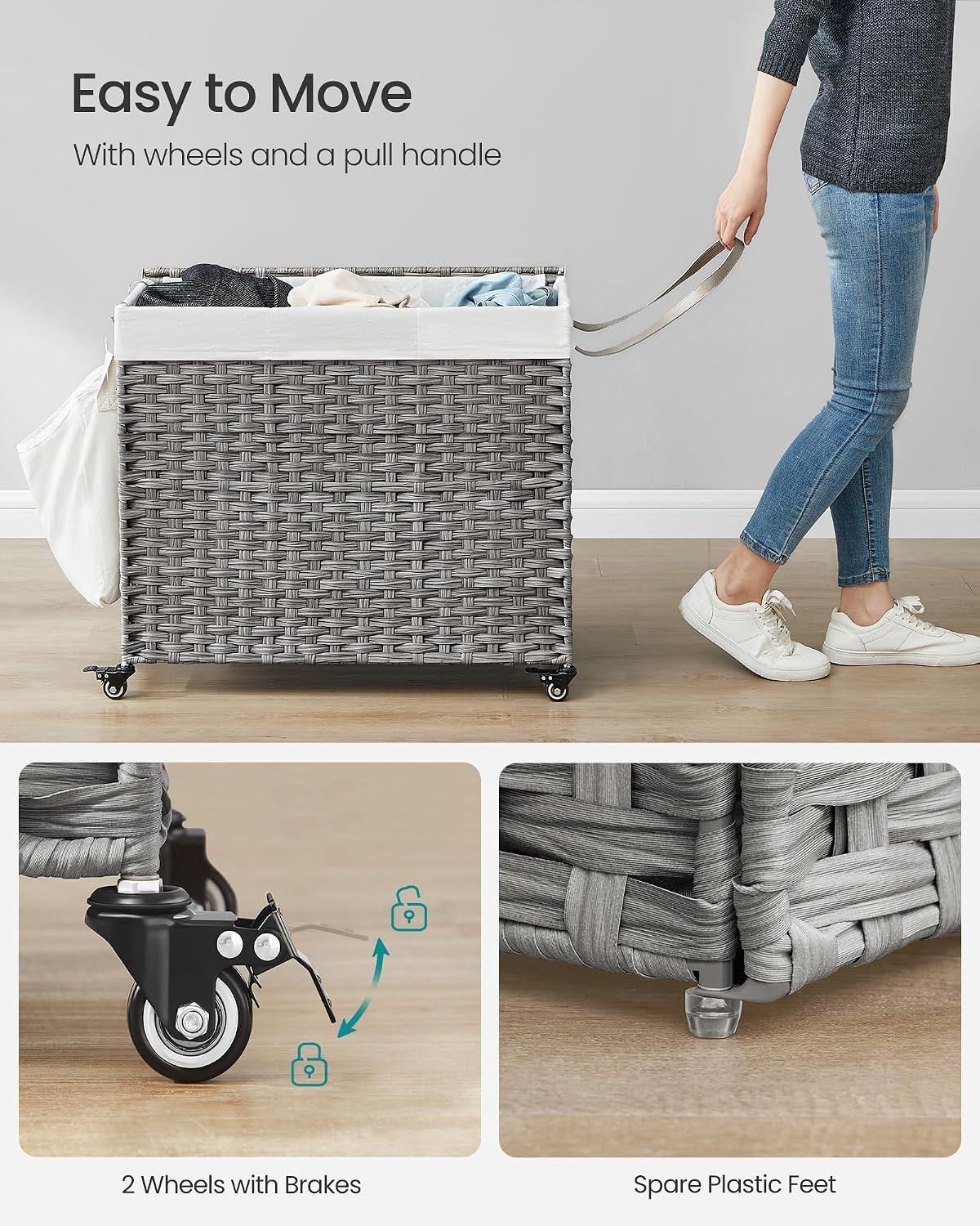 SONGMICS Rolling Laundry Hamper with Lid, 160 L 3-Section Synthetic Rattan