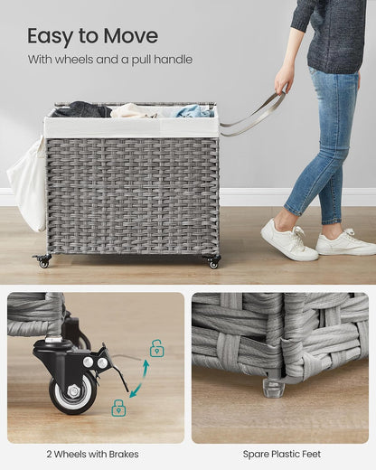 SONGMICS Rolling Laundry Hamper with Lid, 160 L 3-Section Synthetic Rattan