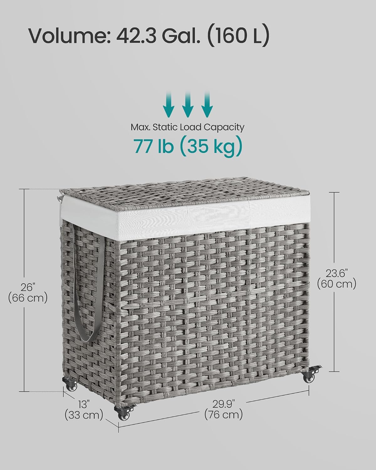 SONGMICS Rolling Laundry Hamper with Lid, 160 L 3-Section Synthetic Rattan
