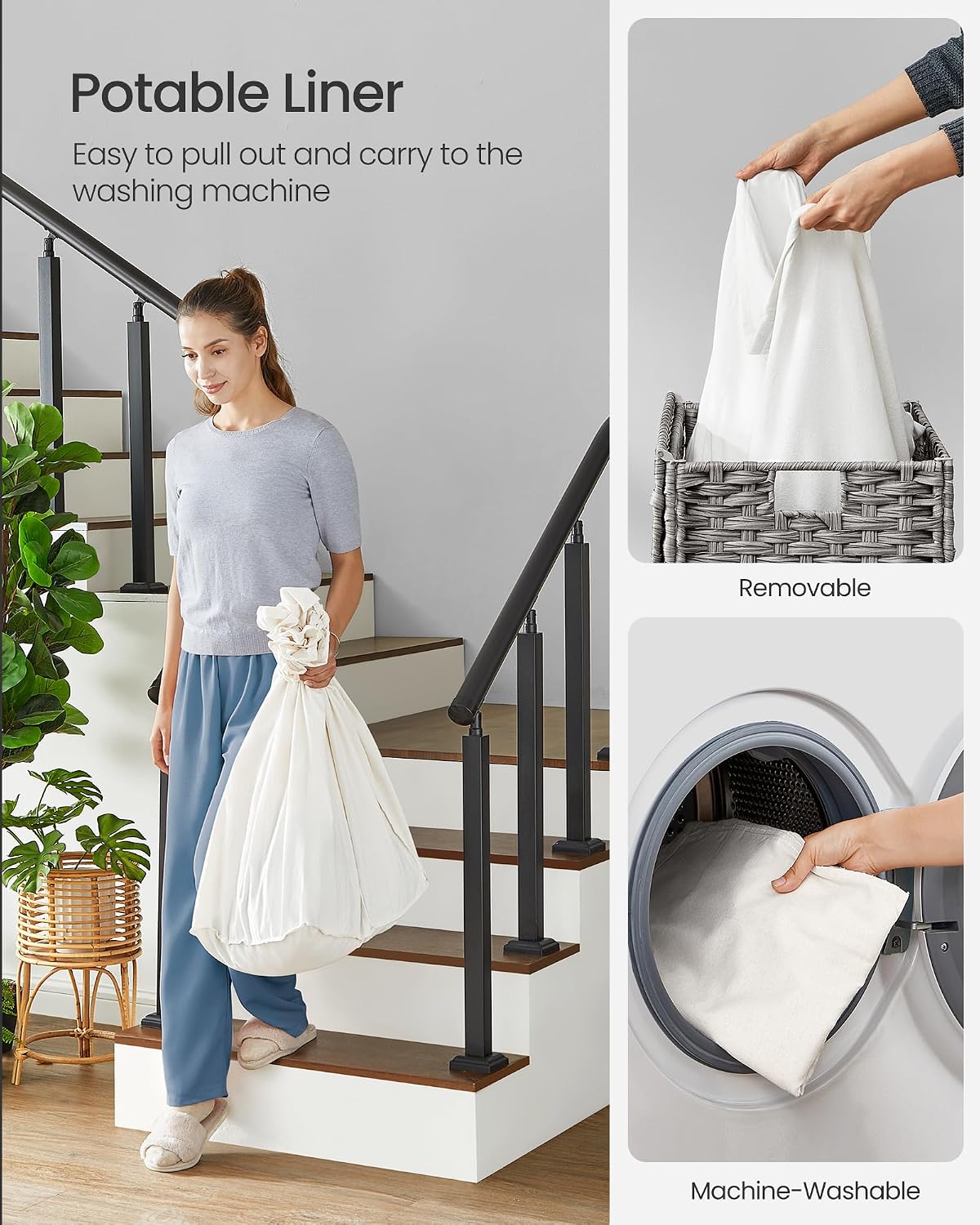 SONGMICS Rolling Laundry Hamper with Lid, 160 L 3-Section Synthetic Rattan