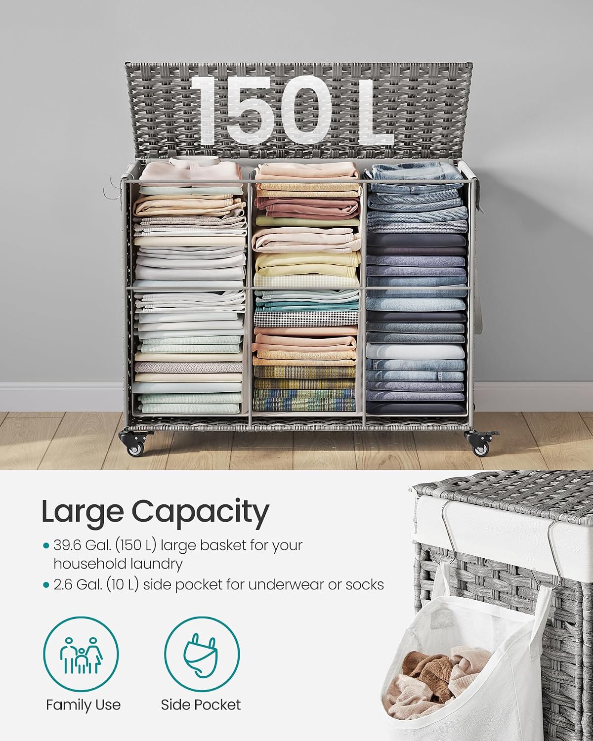 SONGMICS Rolling Laundry Hamper with Lid, 160 L 3-Section Synthetic Rattan