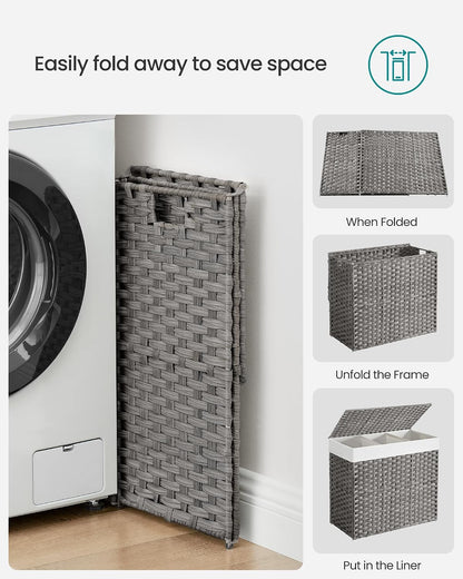 SONGMICS Rolling Laundry Hamper with Lid, 160 L 3-Section Synthetic Rattan