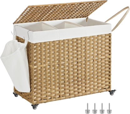 SONGMICS Rolling Laundry Hamper with Lid, 160 L 3-Section Synthetic Rattan