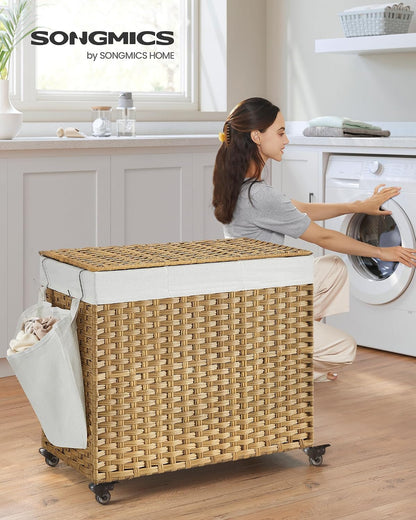 SONGMICS Rolling Laundry Hamper with Lid, 160 L 3-Section Synthetic Rattan