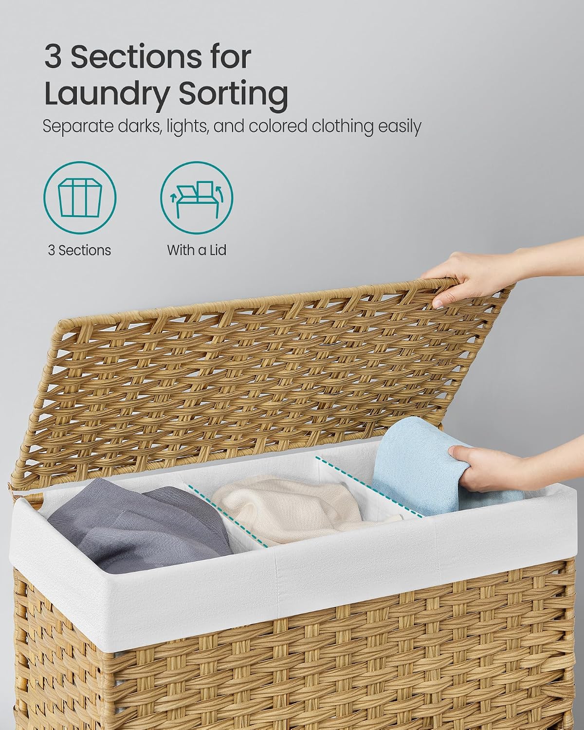 SONGMICS Rolling Laundry Hamper with Lid, 160 L 3-Section Synthetic Rattan