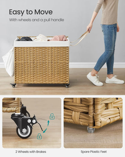 SONGMICS Rolling Laundry Hamper with Lid, 160 L 3-Section Synthetic Rattan