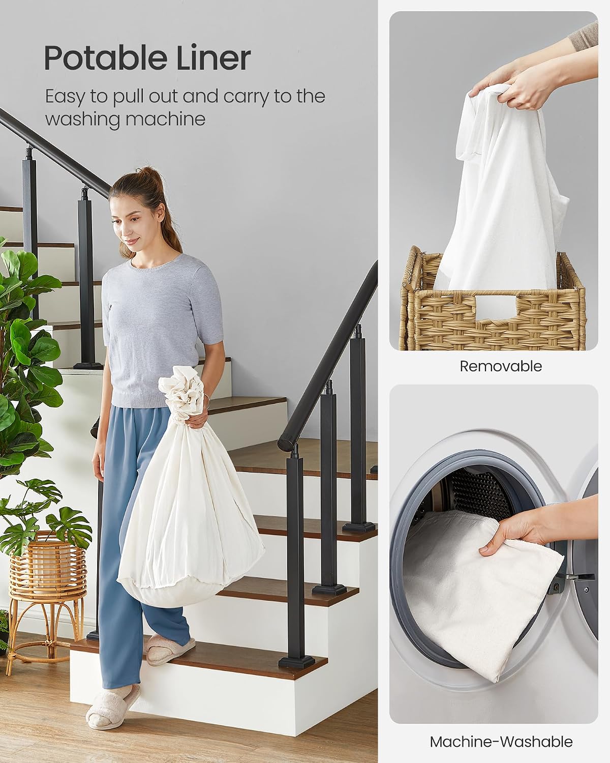 SONGMICS Rolling Laundry Hamper with Lid, 160 L 3-Section Synthetic Rattan