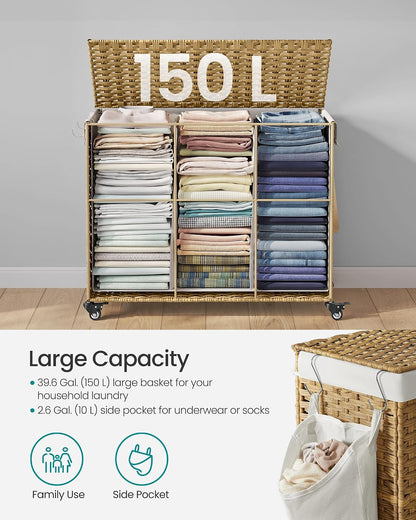 SONGMICS Rolling Laundry Hamper with Lid, 160 L 3-Section Synthetic Rattan