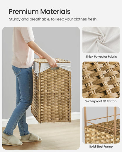 SONGMICS Rolling Laundry Hamper with Lid, 160 L 3-Section Synthetic Rattan