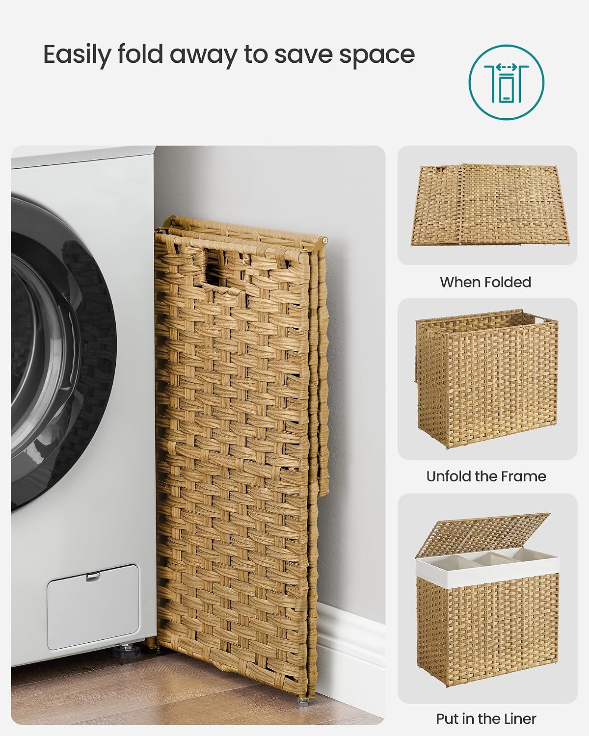 SONGMICS Rolling Laundry Hamper with Lid, 160 L 3-Section Synthetic Rattan