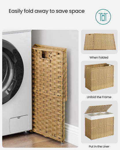 SONGMICS Rolling Laundry Hamper with Lid, 160 L 3-Section Synthetic Rattan