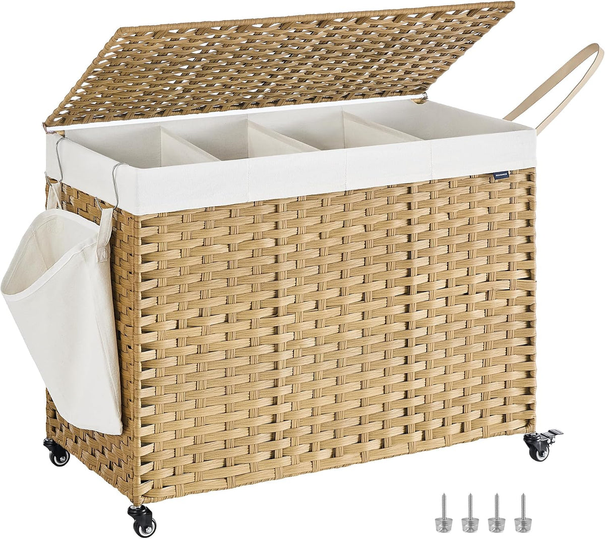 SONGMICS Rolling Laundry Hamper with Lid, 160 L 3-Section Synthetic Rattan
