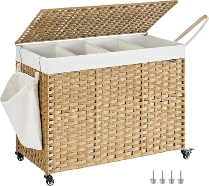 SONGMICS Rolling Laundry Hamper with Lid, 160 L 3-Section Synthetic Rattan