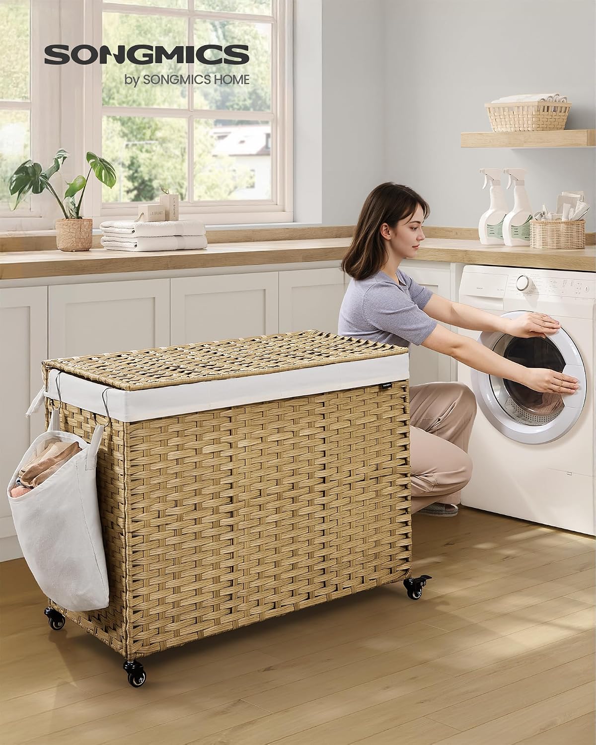 SONGMICS Rolling Laundry Hamper with Lid, 160 L 3-Section Synthetic Rattan